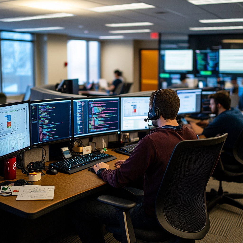 A small VoIP engineering office with about 20 employees working in cubicles. Each desk has multiple monitors displaying call routing software and network diagnostics. Engineers wear headsets, some typing code while others troubleshoot on calls. The atmosphere is warm and collaborative, with soft overhead lighting and personal items like coffee mugs and sticky notes on desks.