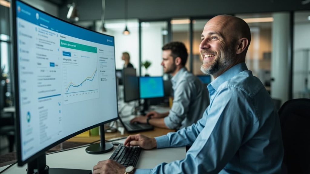 MSP owner smiling while reviewing a simplified onboarding dashboard (1)