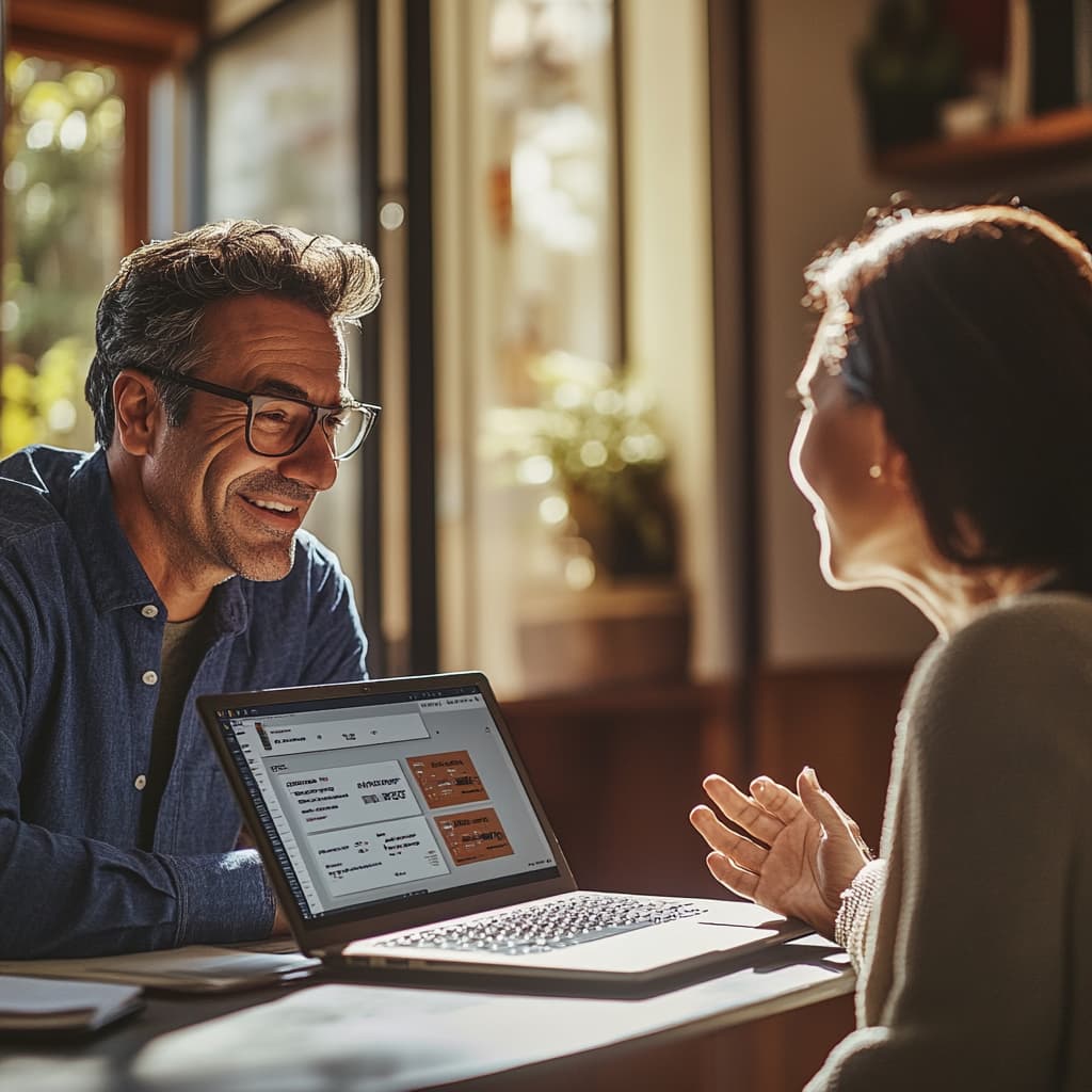 Side view of a relaxed business conversation, MSP owner leaning forward with interest