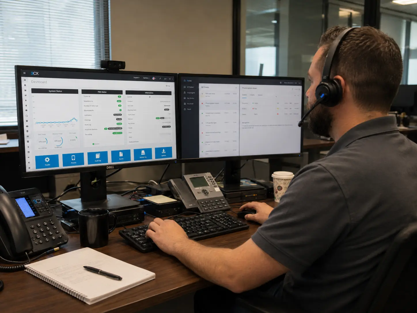 A VoIP Country support technician at a dual-monitor desk, working a live ticket queue